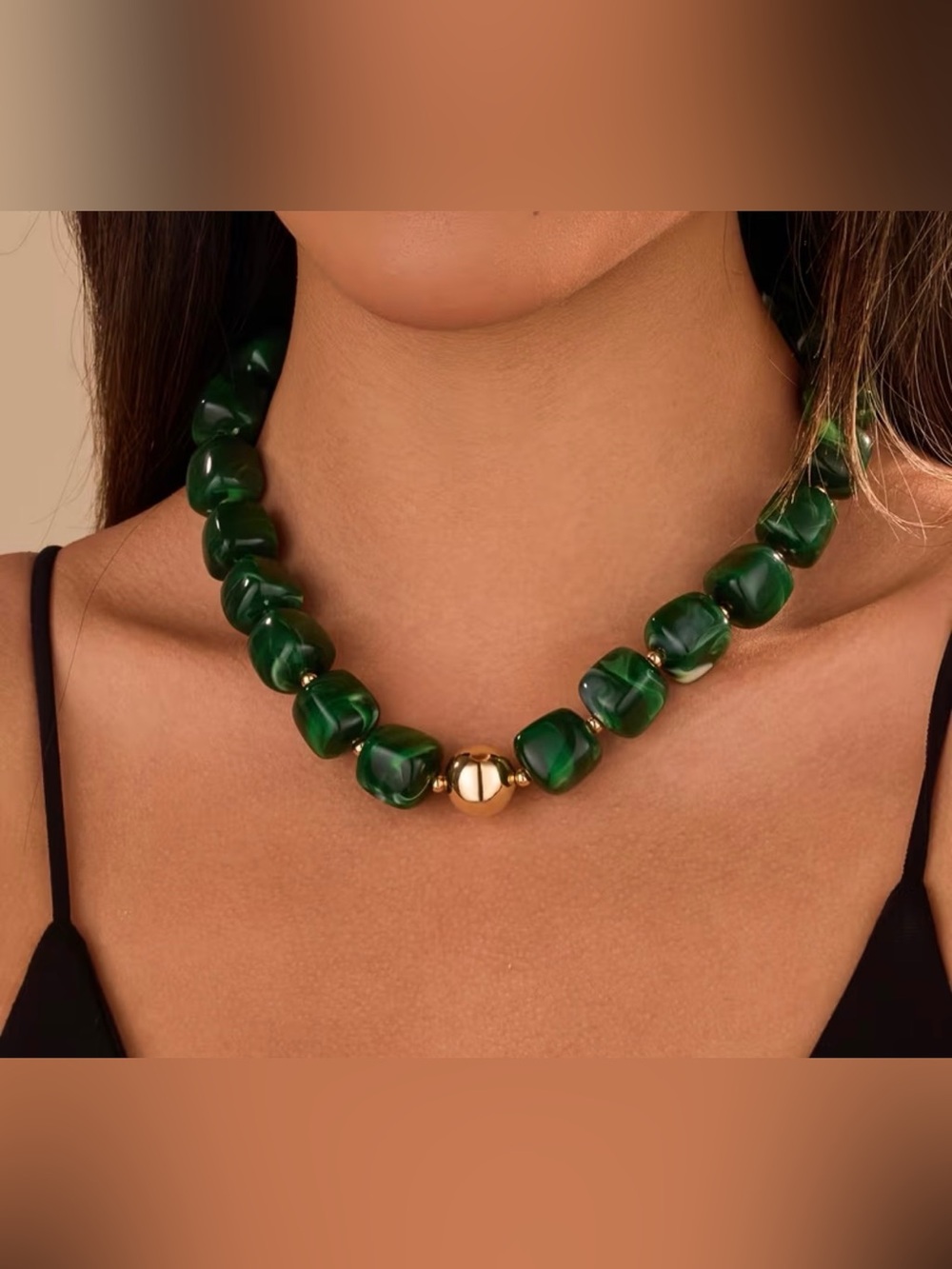 Anthropologie Green Beaded Statement Necklace with Gold Accent NWOT